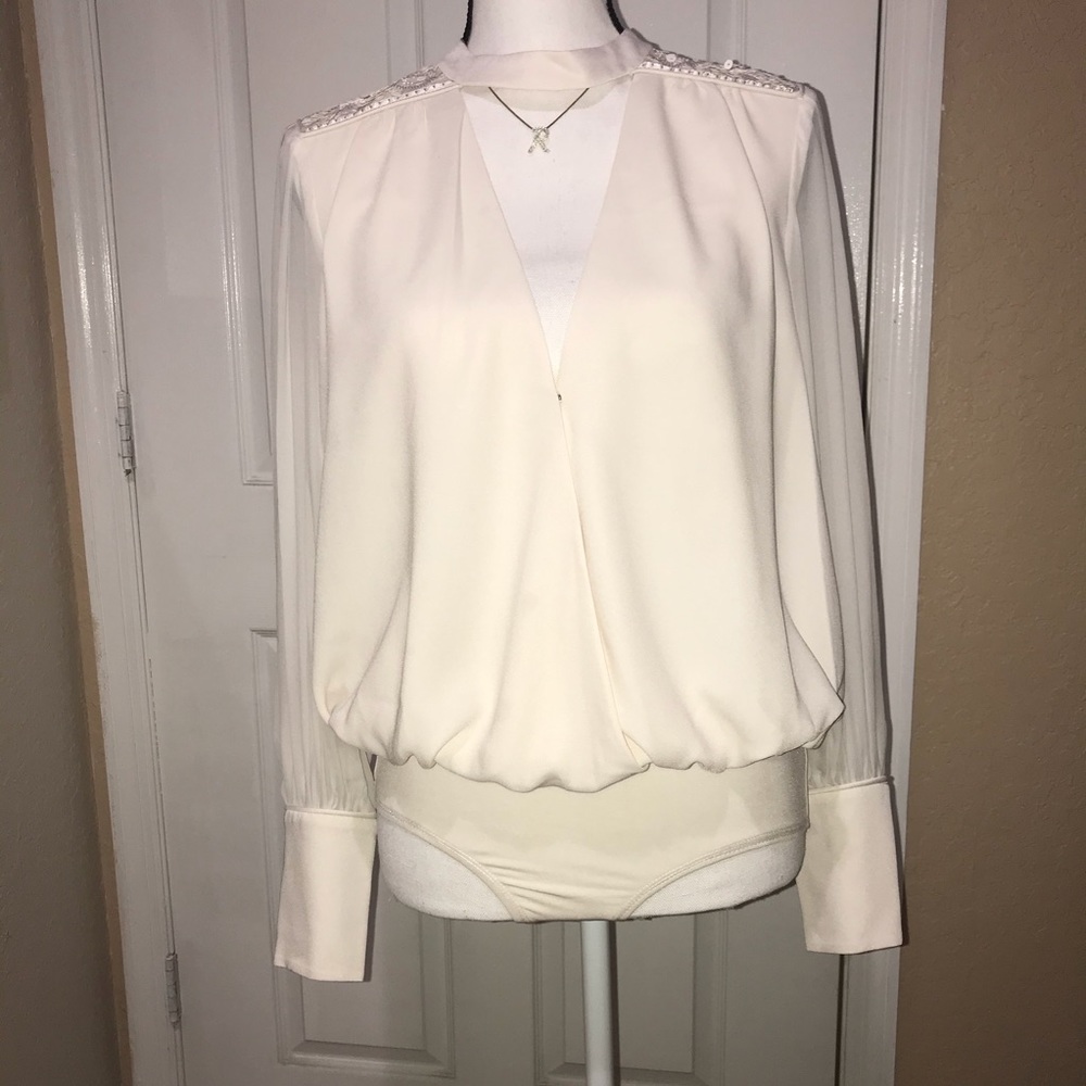 BCBG MAXAZRIA -Faux Wrap Cutout Bodysuit Blouse - Picture 2 of 12